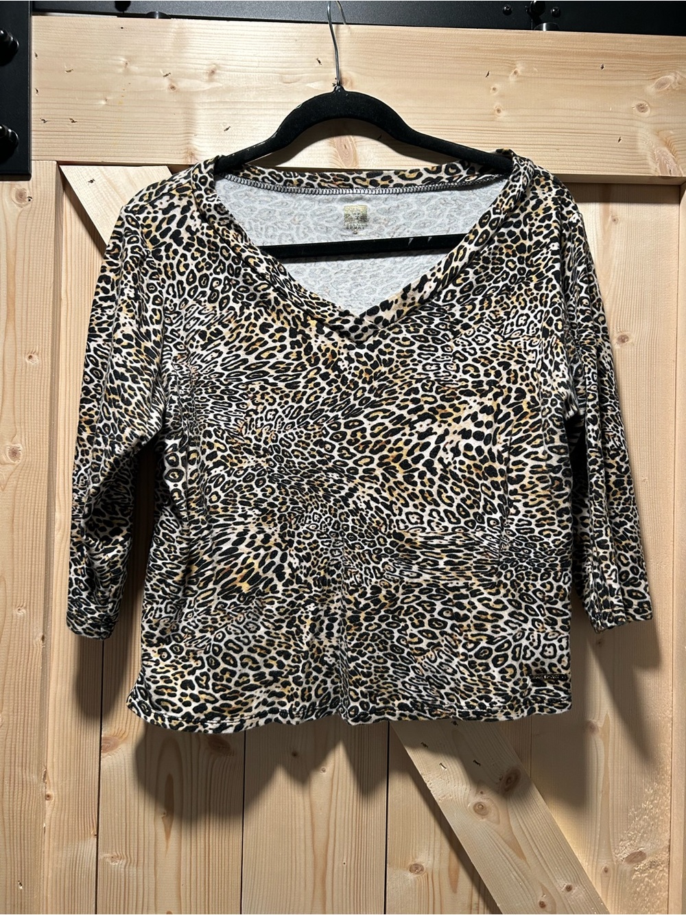 Anne Klein Sport Leopard-Print V-Neck Long Sleeve Top - Tan/Black